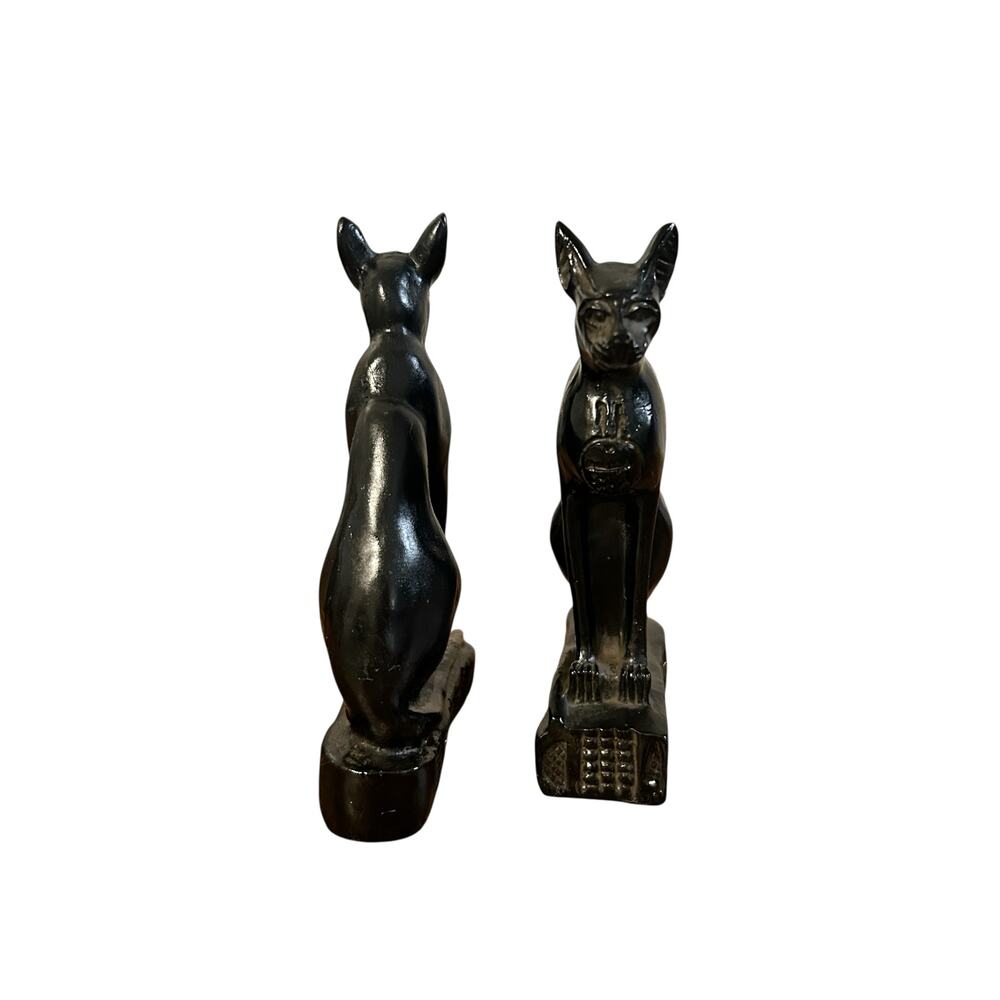 Pair Egyptian Bastet Cat Goddess Statues w/ Scarab Medallion Hieroglyph Base - Picture 5 of 7